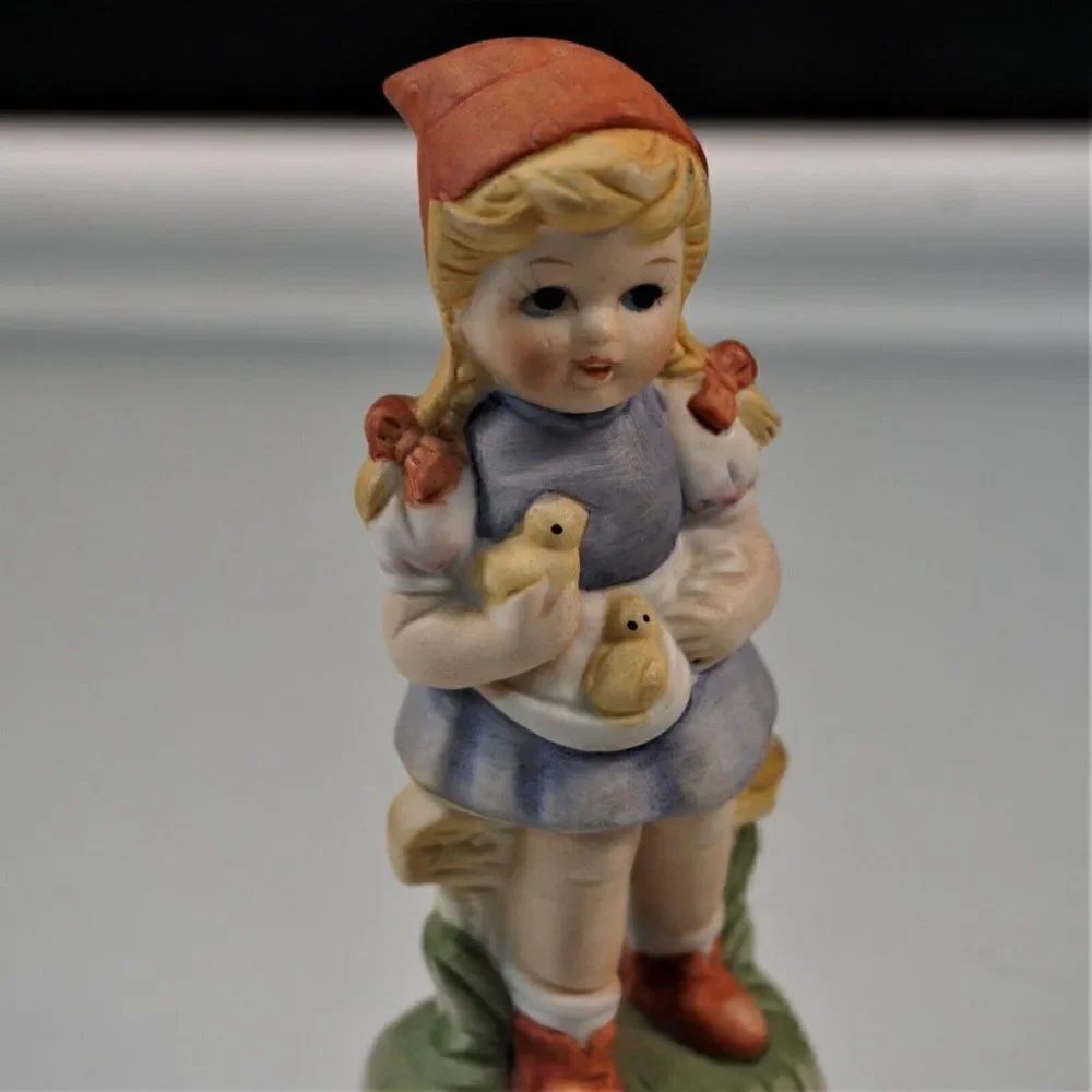 Porcelain Figurine Vintage 1970s Girl Holding Two Baby Chicks